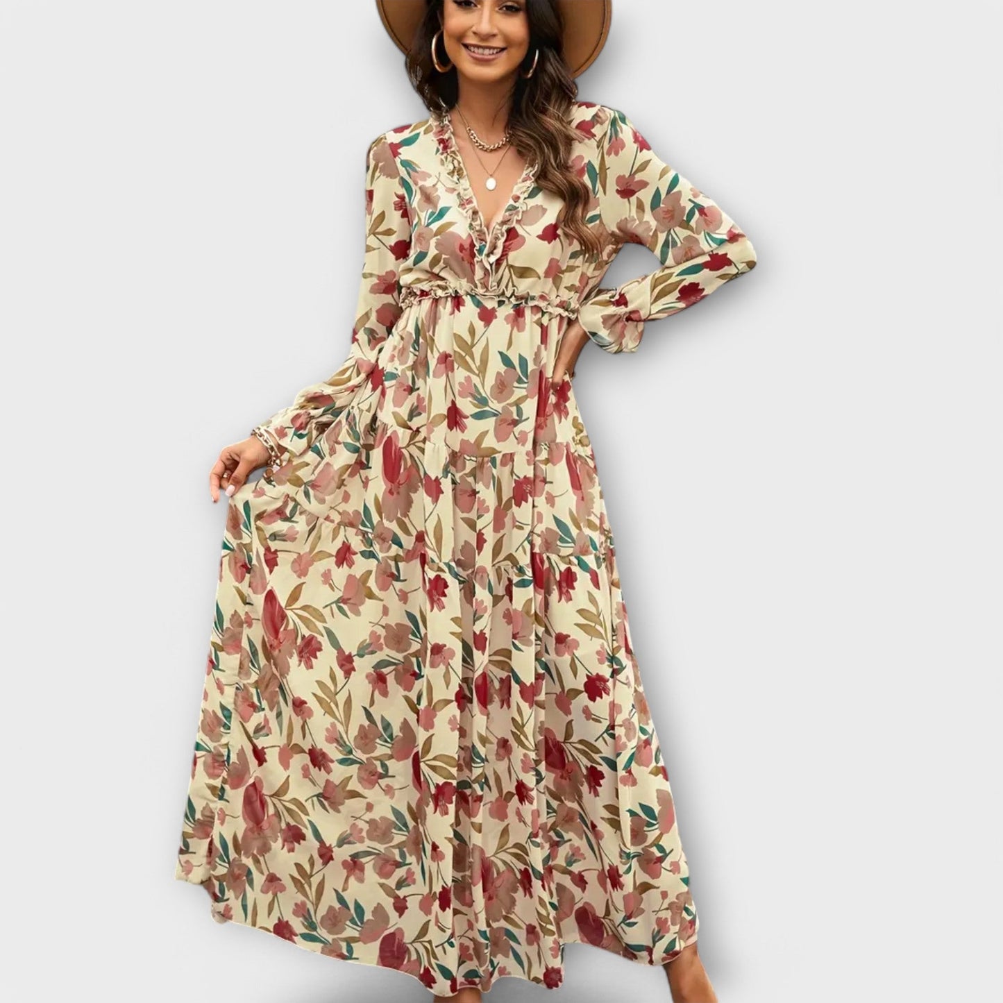 Maxi-jurk voor dames – V-halslijn – Elegante pasvorm – Lichtgewicht stof