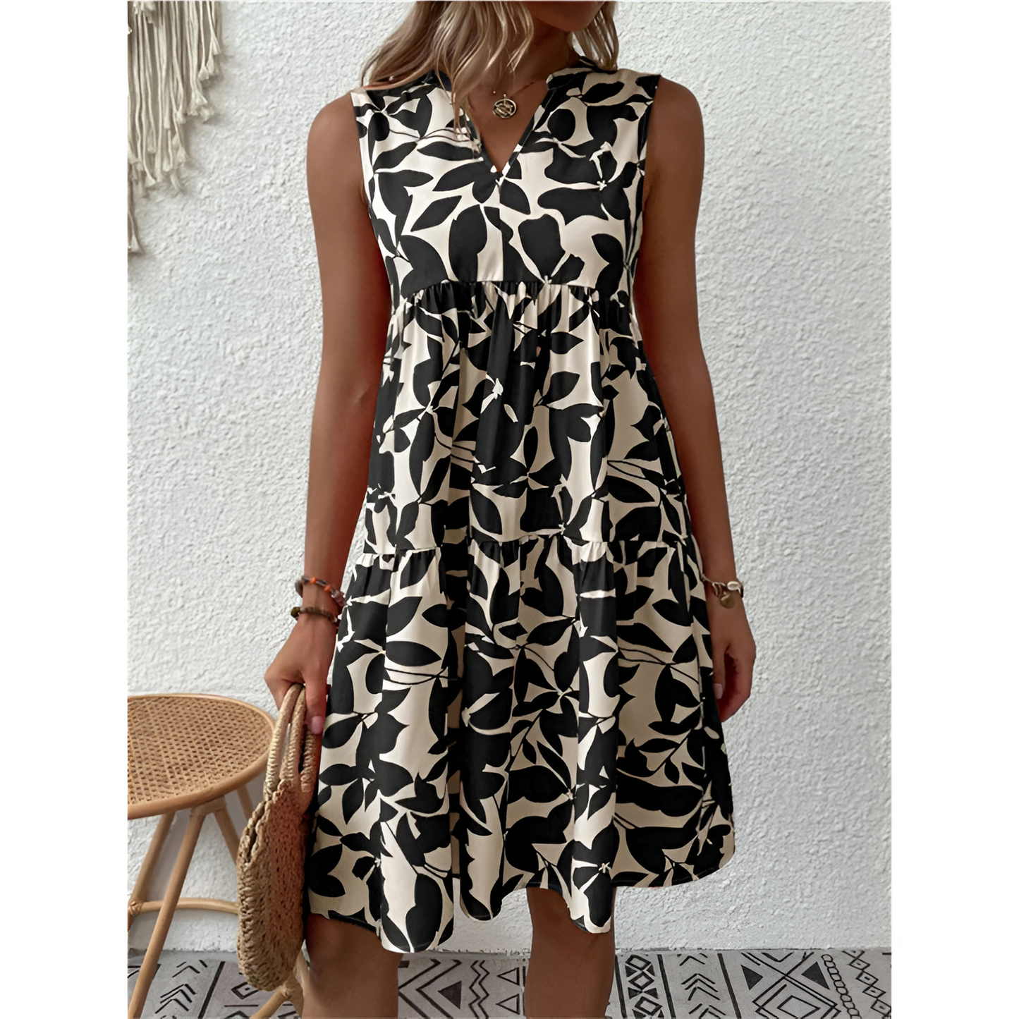 Dames mouwloze jurk – Ademende stof – V-hals – Knie-lengte