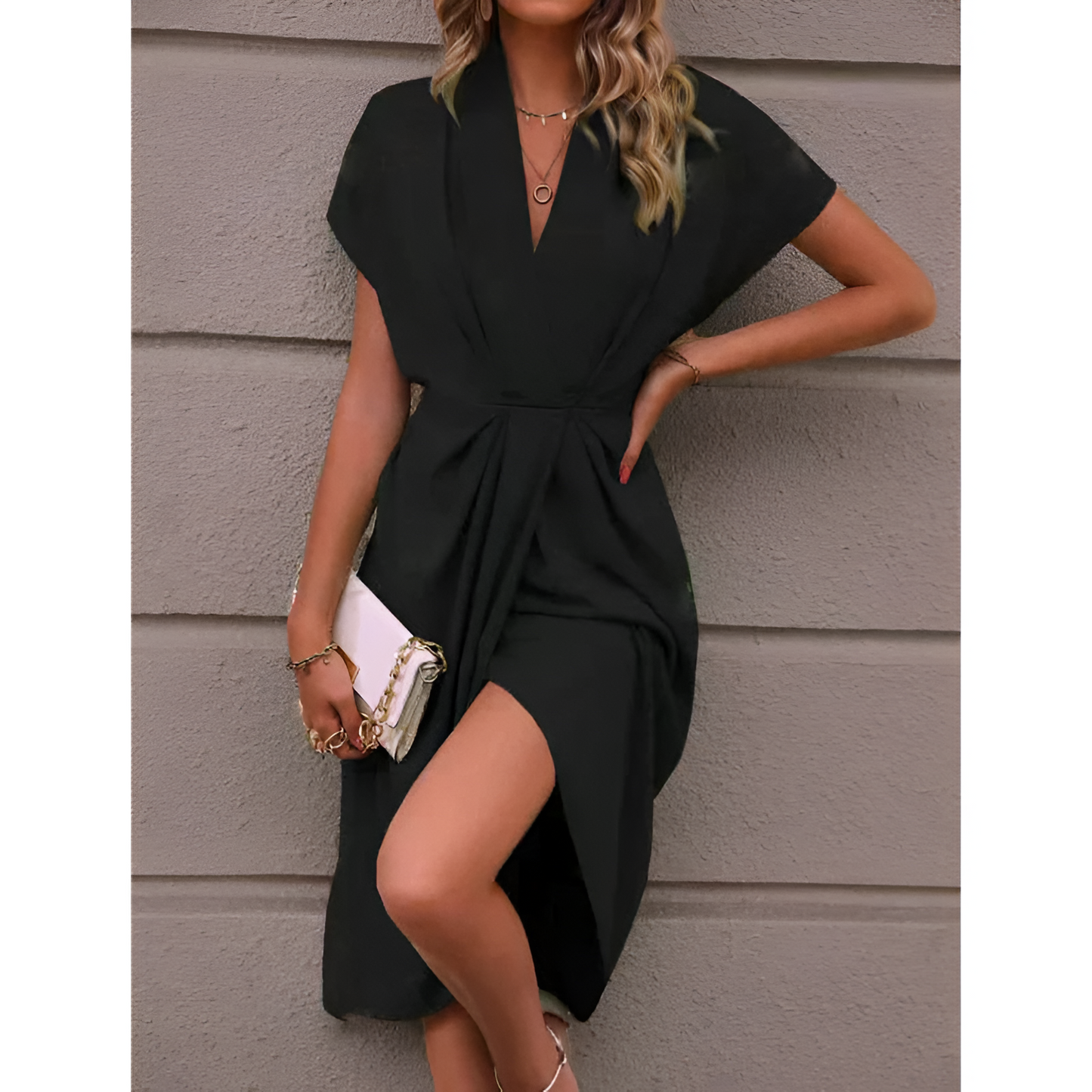 Dames wikkeljurk – elegante stijl – midi-lengte – strikdetail in de taille