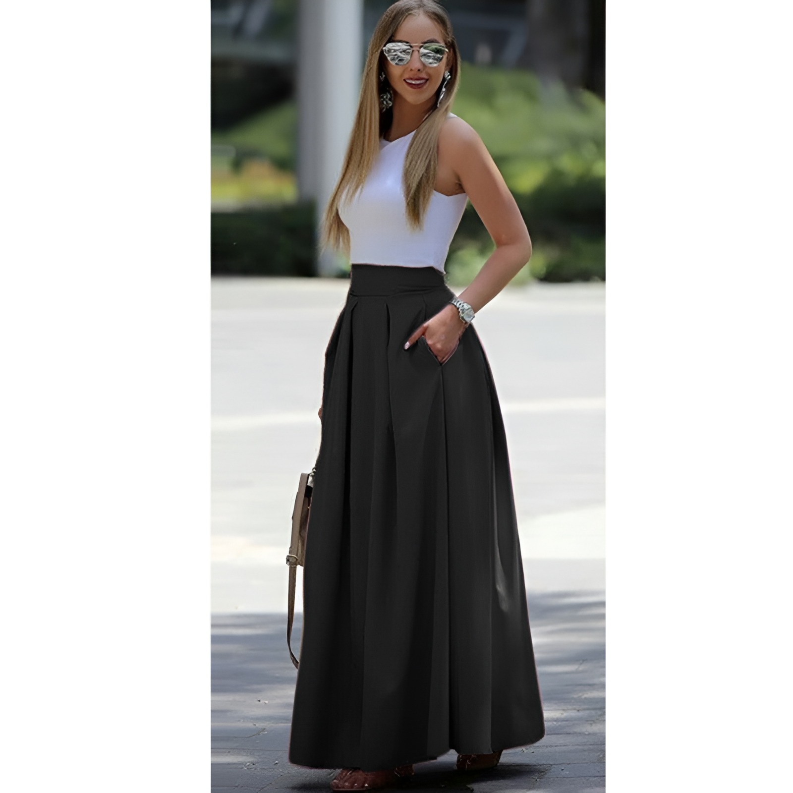 Dames maxi rok – Hoge taille – Vloeiende pasvorm – Zijzakken