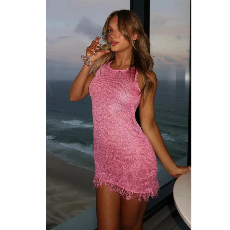 Mini-jurk voor dames – Bodycon-pasvorm – Glanzende stof – Zoom met franjes