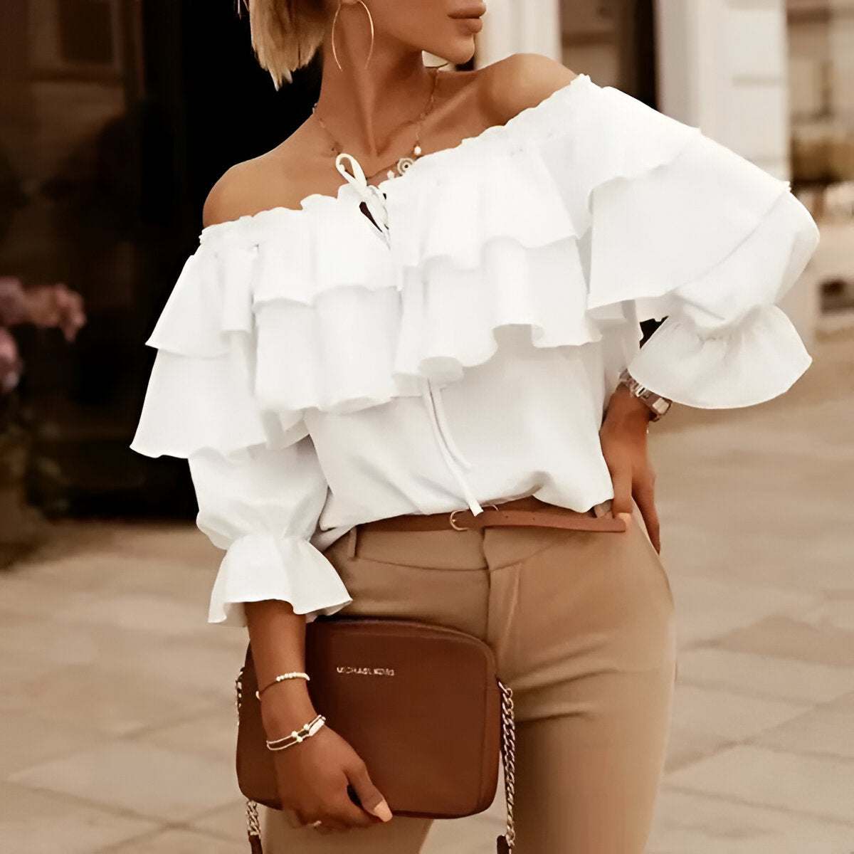 Damesblouse – Off-shoulder – Gerimpeld ontwerp – Lichtgewicht stof