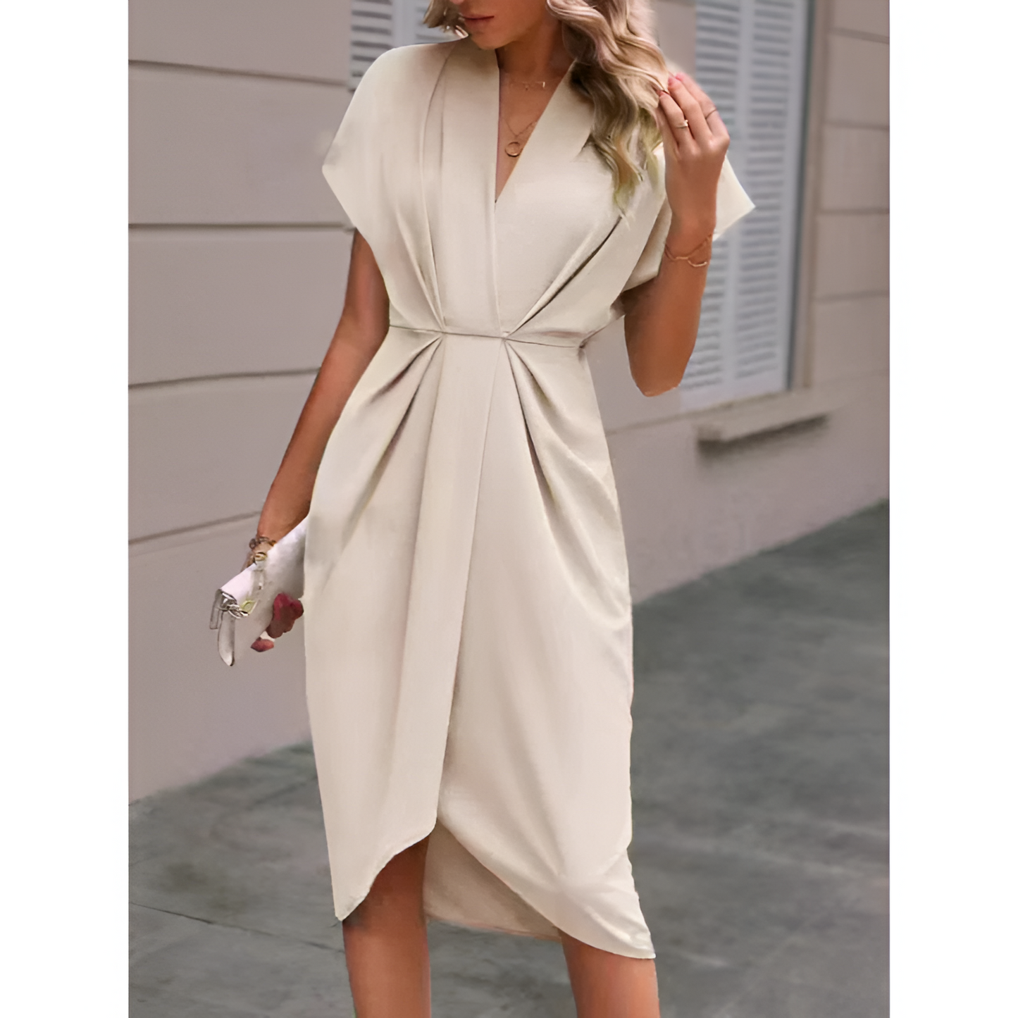 Dames wikkeljurk – elegante stijl – midi-lengte – strikdetail in de taille