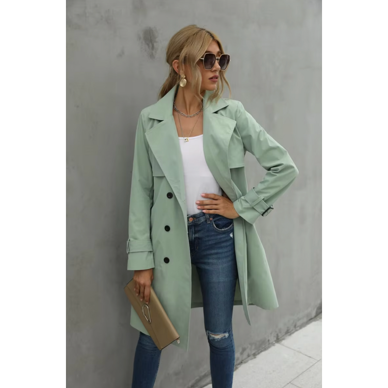 Lange trenchcoat voor dames – Tijdloze stijl – Verstelbare taille – Dubbelrijks