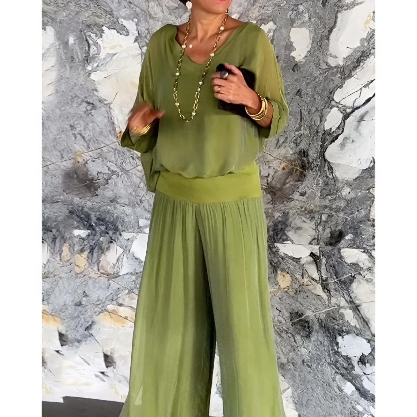 Damesoutfitset – Blouse met V-hals – Wijde mouwen – Comfortabele broek