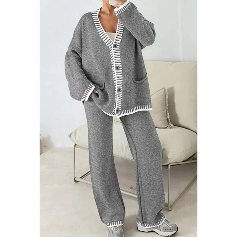 Loungewear-set voor dames – 2-delige set – Cardigan met knopen – Broek met wijde pijpen