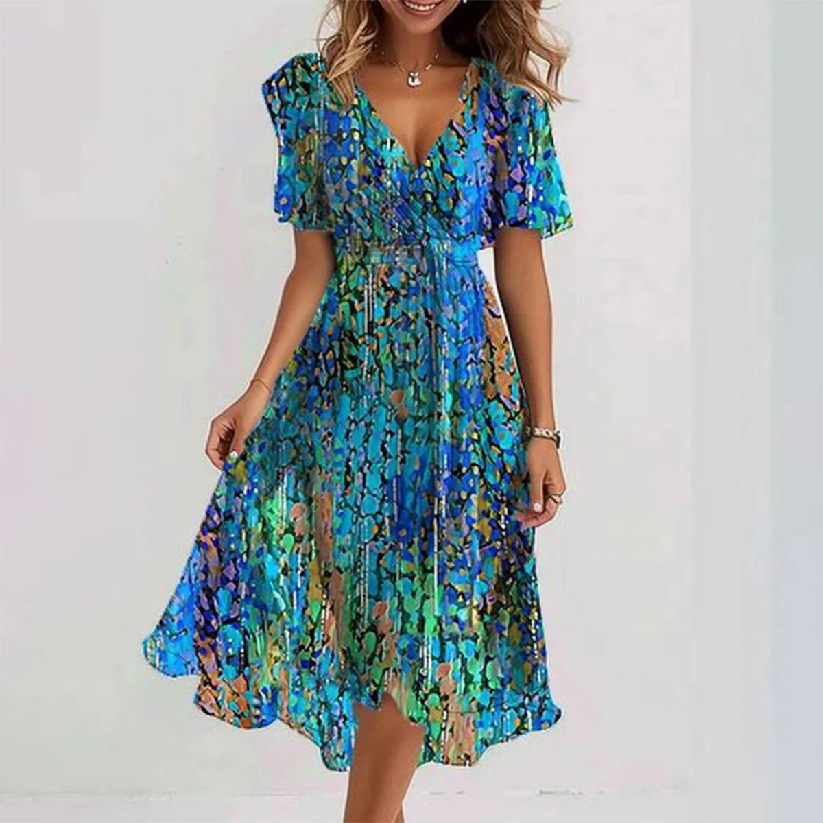 Dames zomerjurk – Bloemenprint – Lichtgewicht chiffon – V-hals