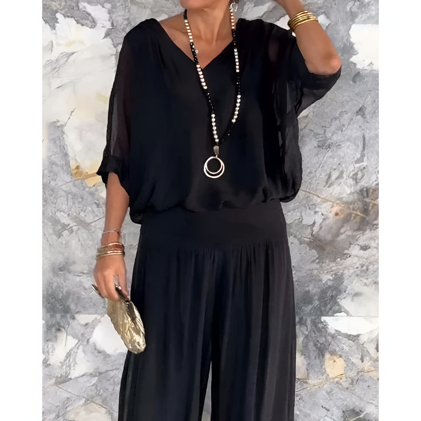 Damesoutfitset – Blouse met V-hals – Wijde mouwen – Comfortabele broek