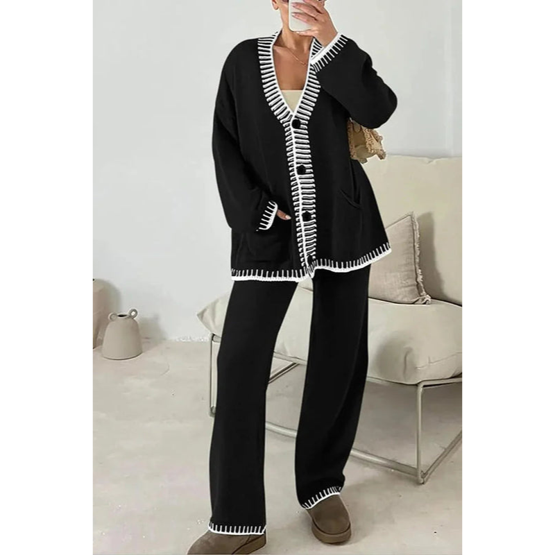 Loungewear-set voor dames – 2-delige set – Cardigan met knopen – Broek met wijde pijpen