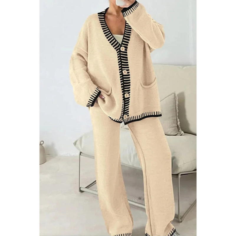 Loungewear-set voor dames – 2-delige set – Cardigan met knopen – Broek met wijde pijpen