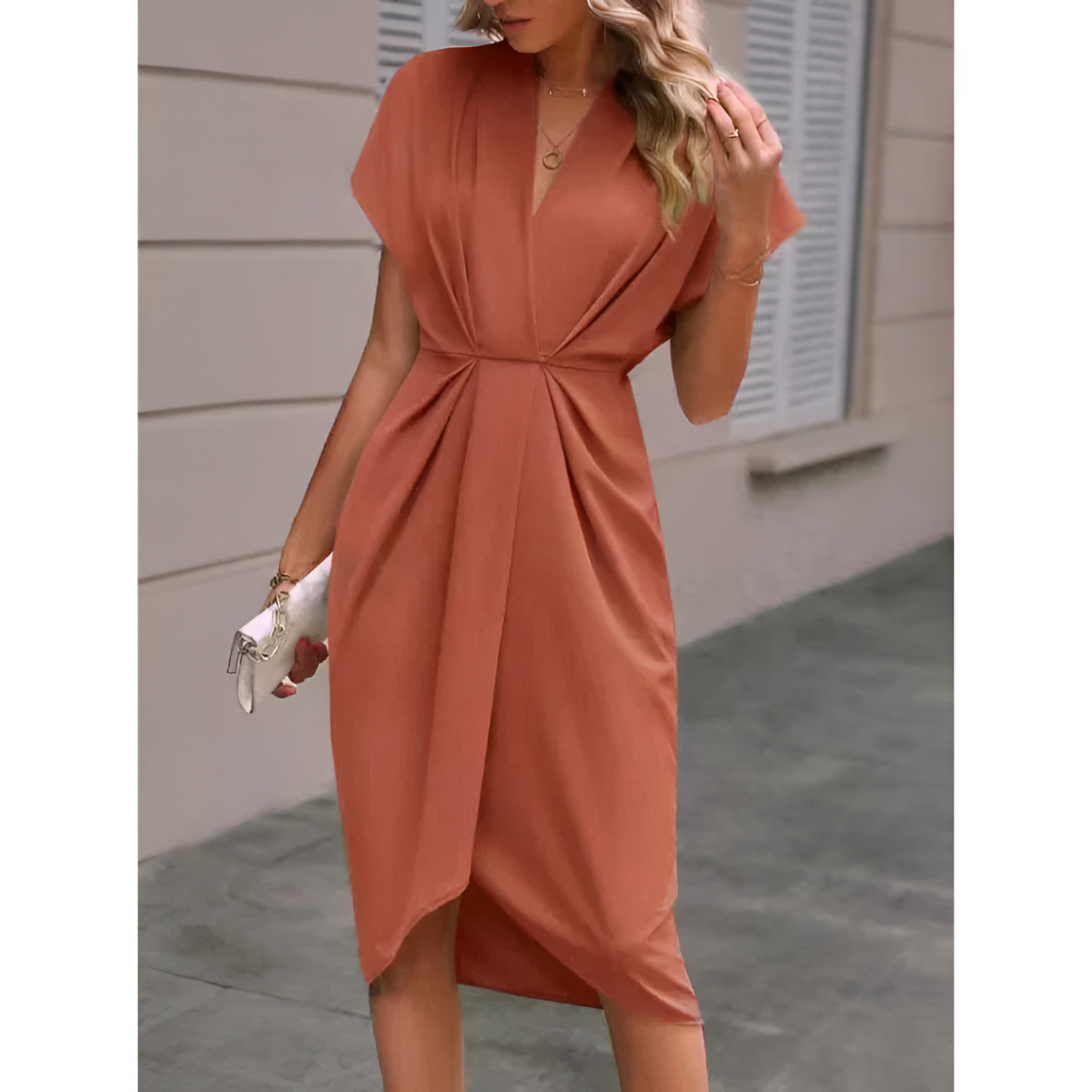 Dames wikkeljurk – elegante stijl – midi-lengte – strikdetail in de taille