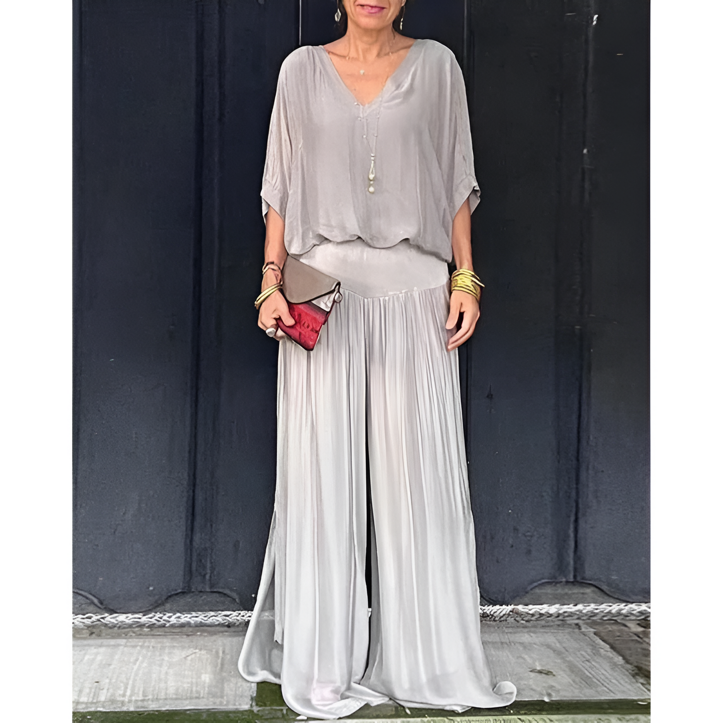 Damesoutfitset – Blouse met V-hals – Wijde mouwen – Comfortabele broek