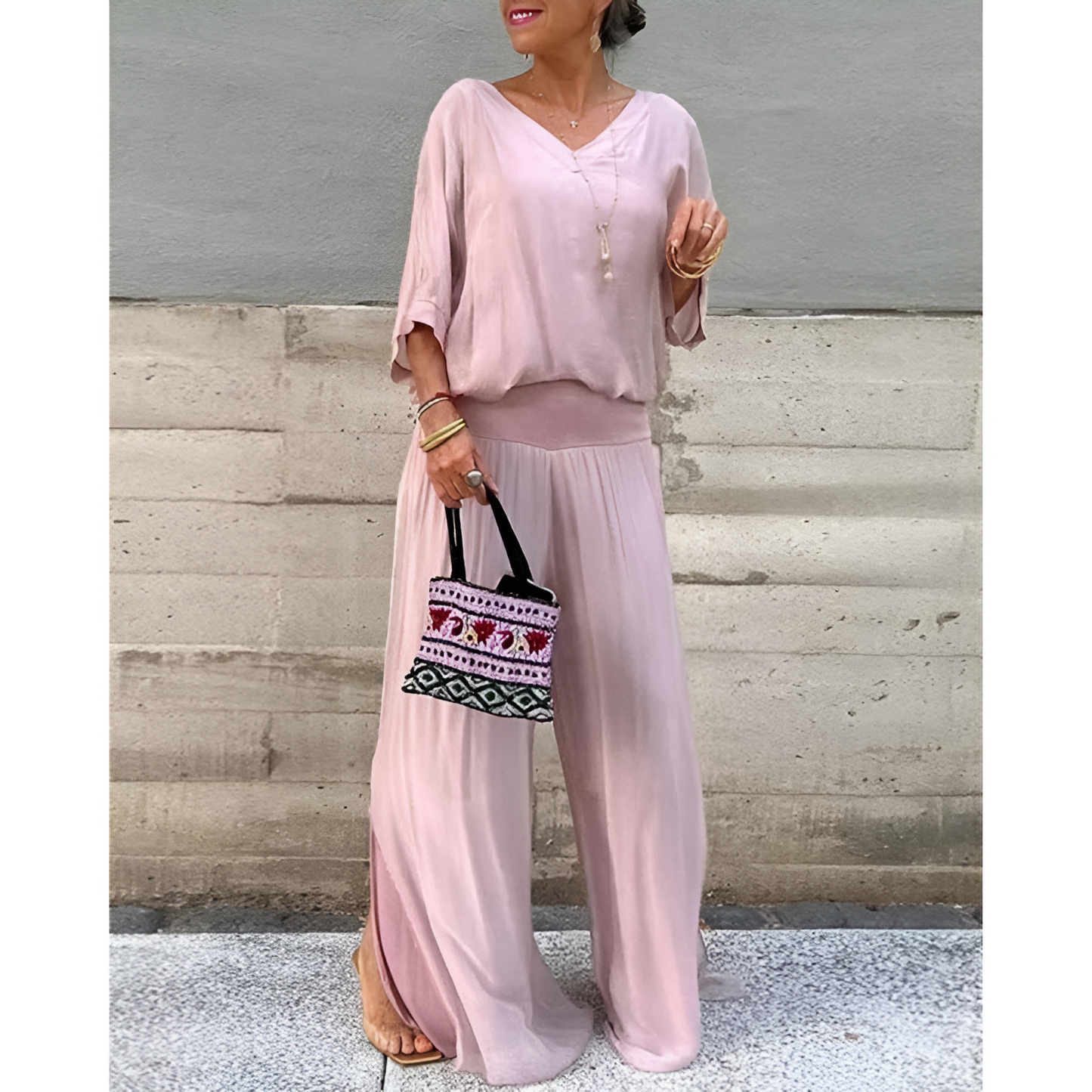 Damesoutfitset – Blouse met V-hals – Wijde mouwen – Comfortabele broek