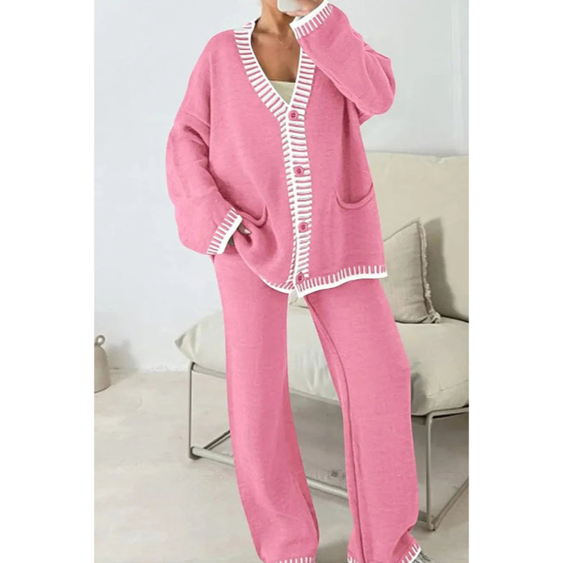 Loungewear-set voor dames – 2-delige set – Cardigan met knopen – Broek met wijde pijpen