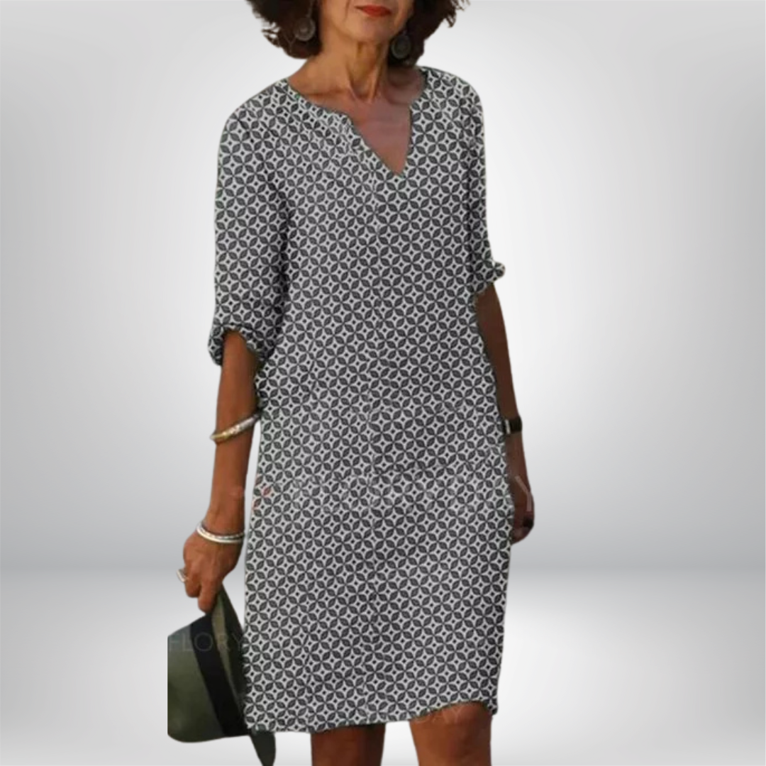 Dames Geometrische Print Jurk Met V-Hals | Casual Losvallende Midi Jurk Met 3/4 Mouwen