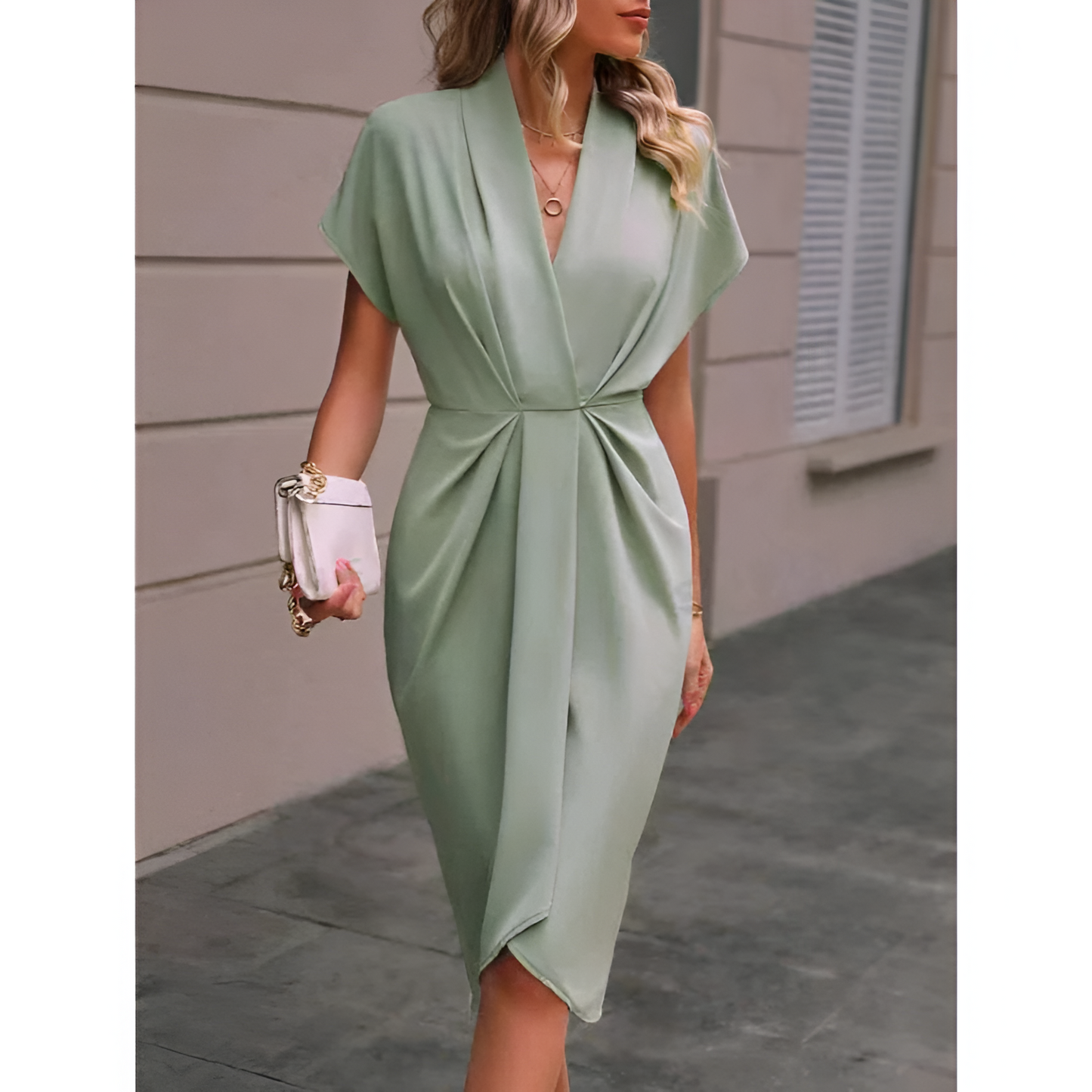 Dames wikkeljurk – elegante stijl – midi-lengte – strikdetail in de taille