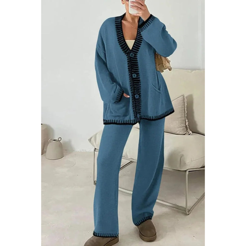 Loungewear-set voor dames – 2-delige set – Cardigan met knopen – Broek met wijde pijpen