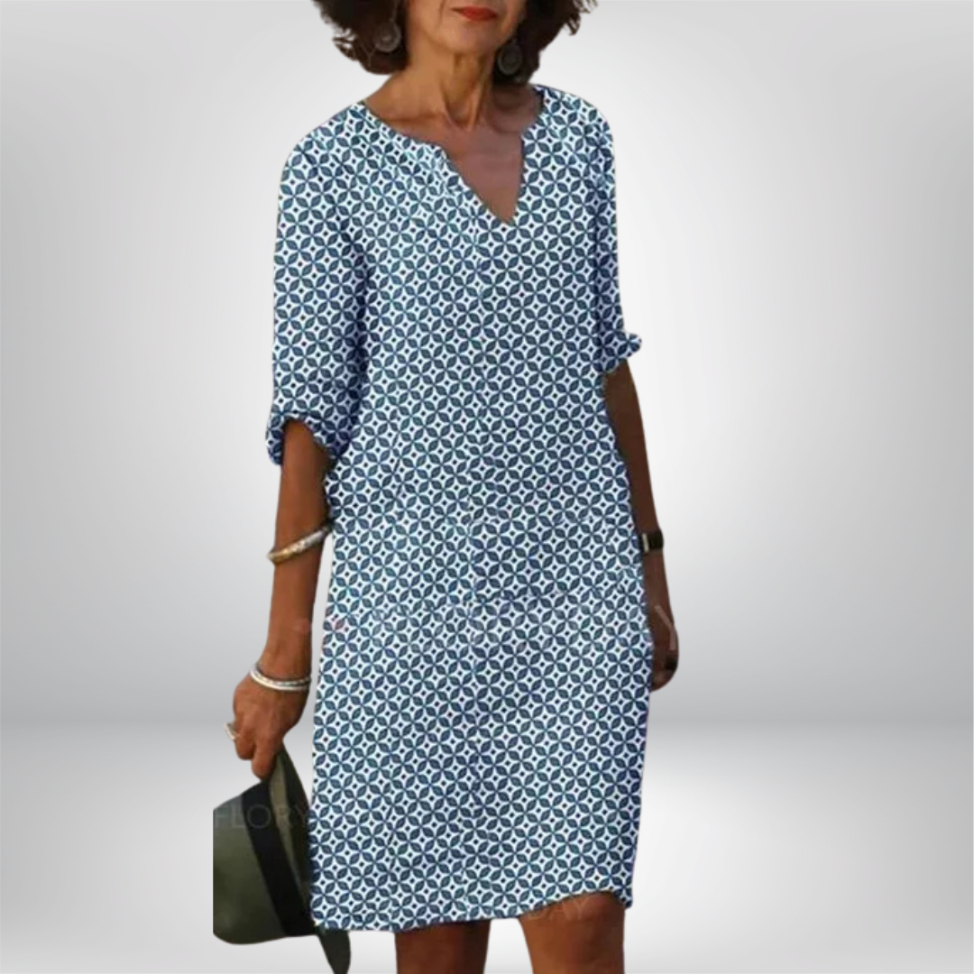 Dames Geometrische Print Jurk Met V-Hals | Casual Losvallende Midi Jurk Met 3/4 Mouwen