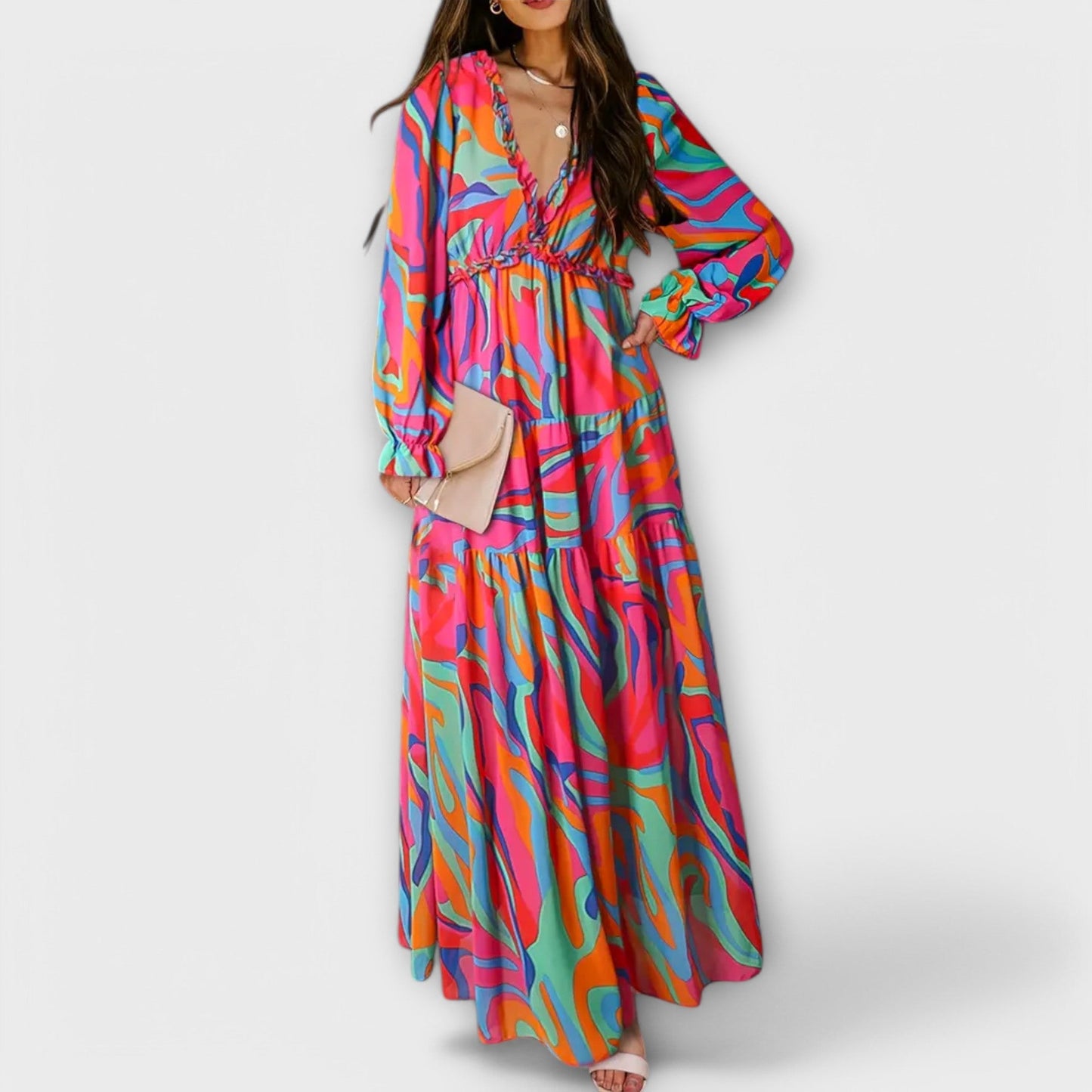 Maxi-jurk voor dames – V-halslijn – Elegante pasvorm – Lichtgewicht stof