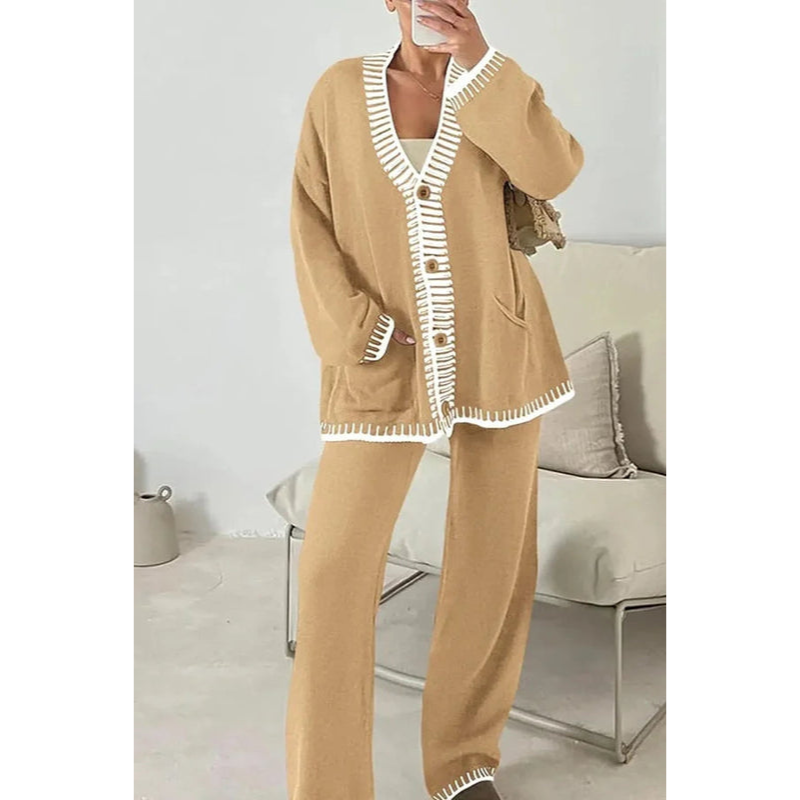 Loungewear-set voor dames – 2-delige set – Cardigan met knopen – Broek met wijde pijpen