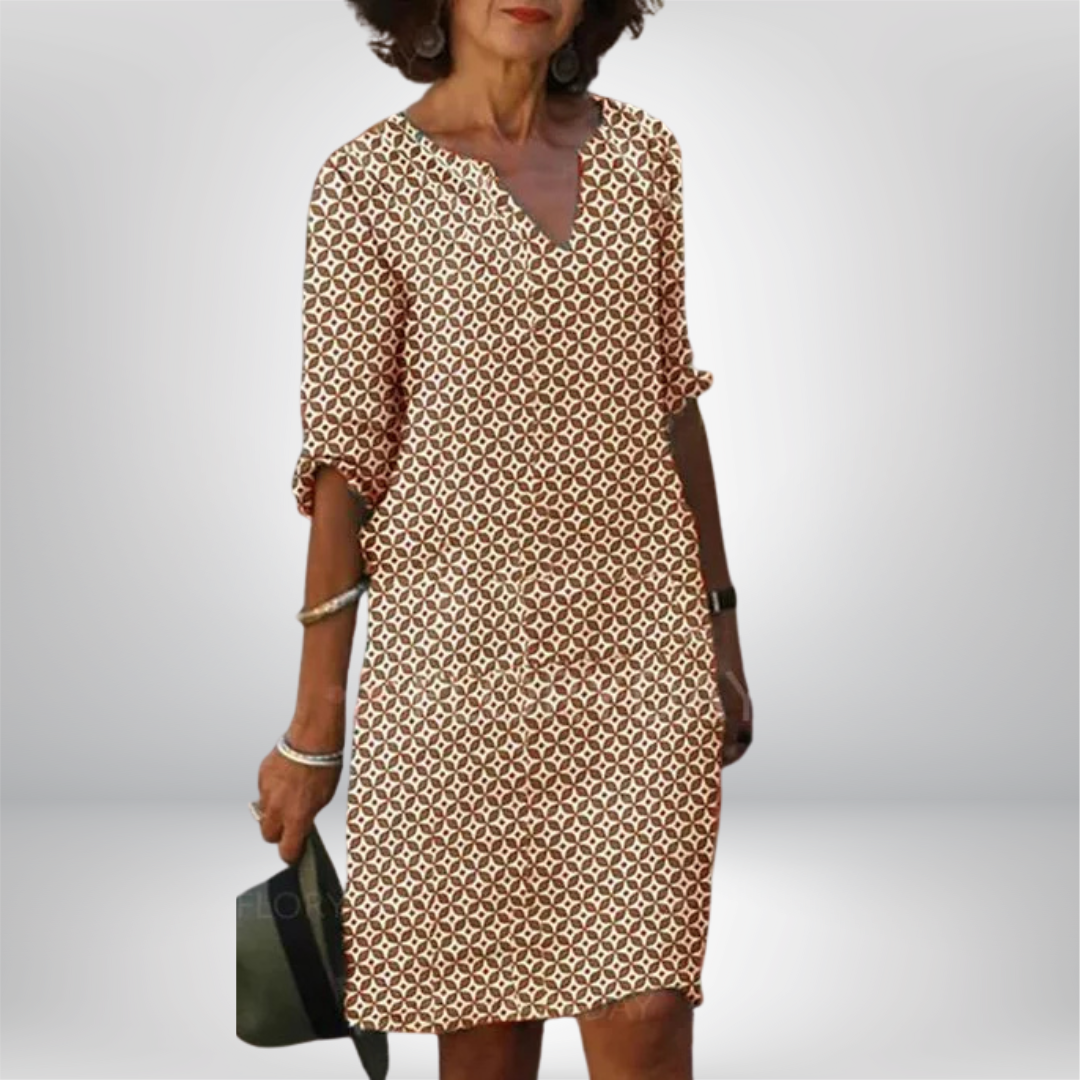Dames Geometrische Print Jurk Met V-Hals | Casual Losvallende Midi Jurk Met 3/4 Mouwen