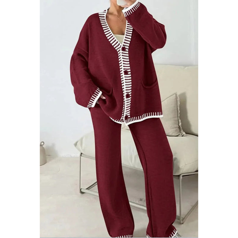 Loungewear-set voor dames – 2-delige set – Cardigan met knopen – Broek met wijde pijpen