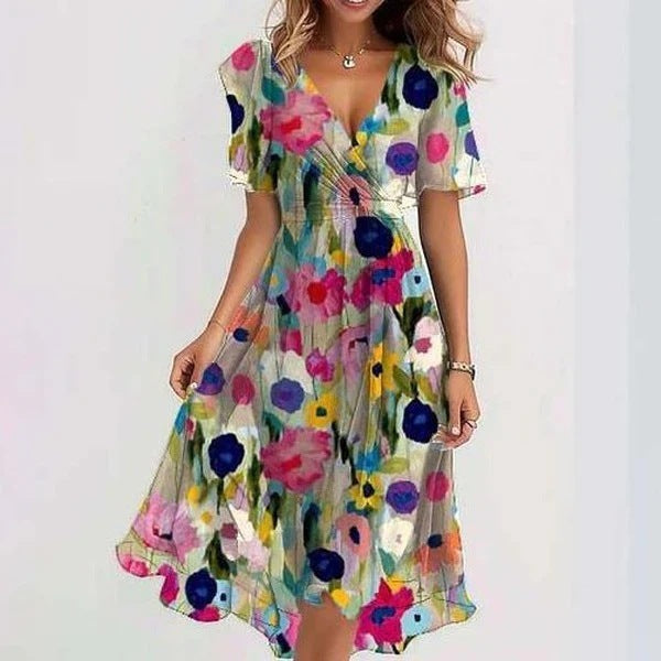 Dames zomerjurk – Bloemenprint – Lichtgewicht chiffon – V-hals