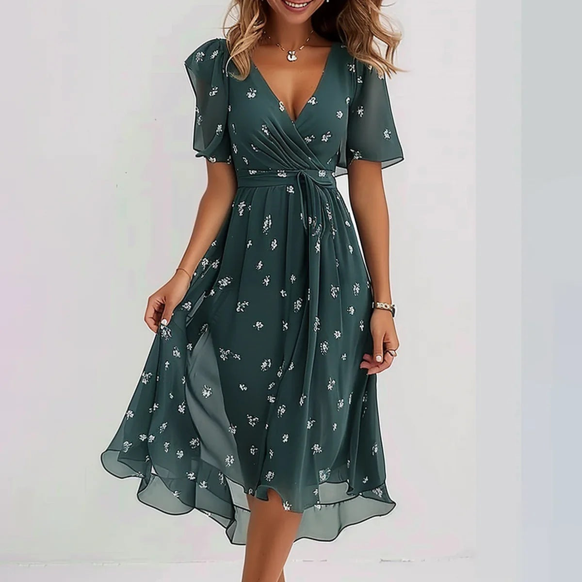 Dames zomerjurk – Bloemenprint – Lichtgewicht chiffon – V-hals