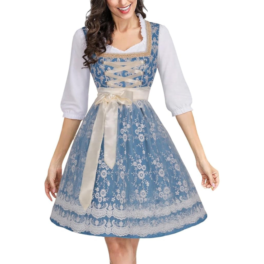 Blauwe dirndljurk met blouse en kanten schort – Oktoberfest | Feestelijk traditioneel kostuum voor vrouwen