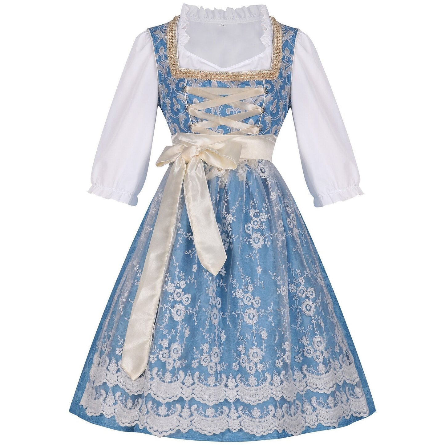 Blauwe dirndljurk met blouse en kanten schort – Oktoberfest | Feestelijk traditioneel kostuum voor vrouwen