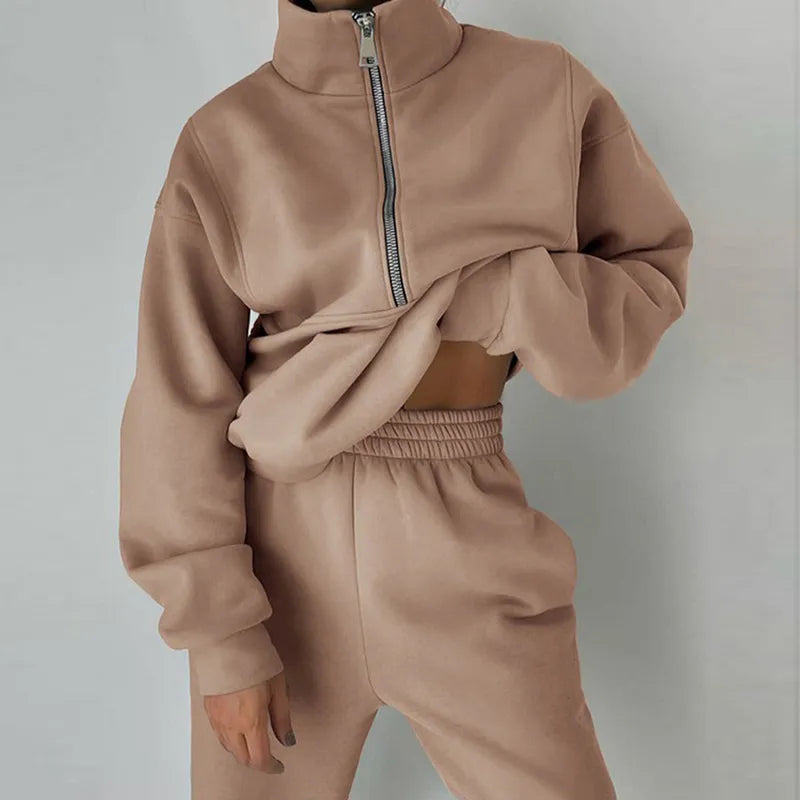 Dames trainingspak - Pullover met halve ritssluiting - Broek met hoge taille - Ademende stof