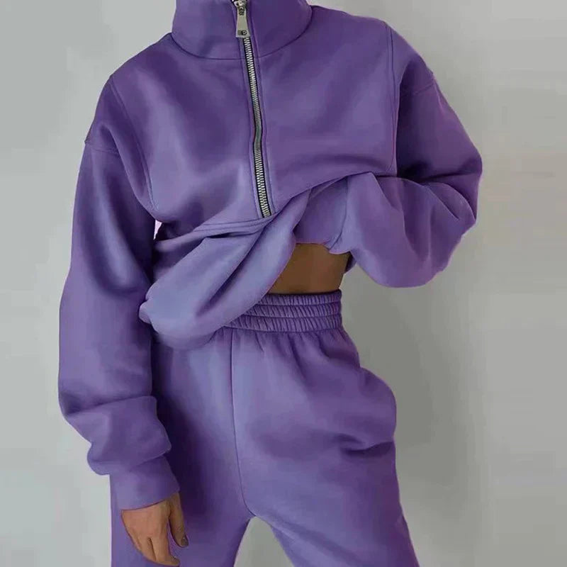 Dames trainingspak - Pullover met halve ritssluiting - Broek met hoge taille - Ademende stof