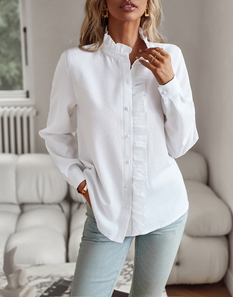 Dames Blouse - Losse Pasvorm - Rucheskraag - Knoopsluiting-1