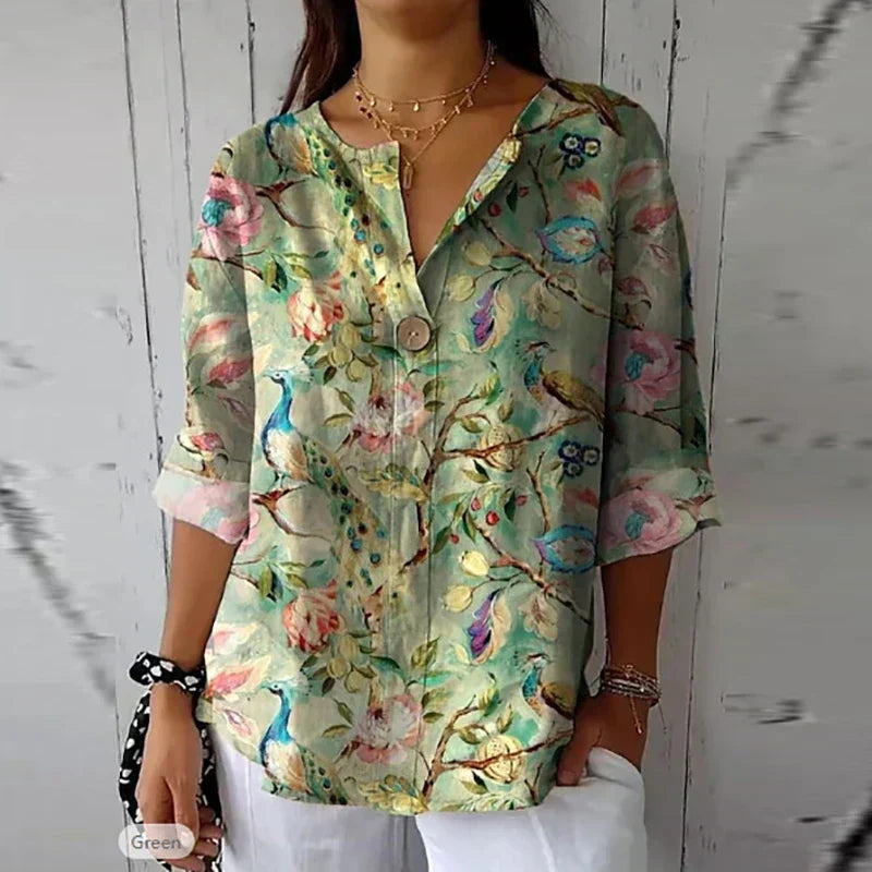 Damesblouse – V-hals – Zacht materiaal – Lente- en zomerstijl