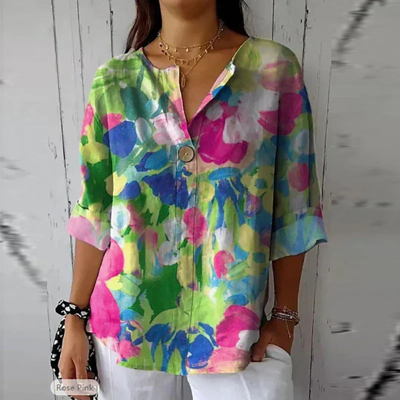 Damesblouse – V-hals – Zacht materiaal – Lente- en zomerstijl