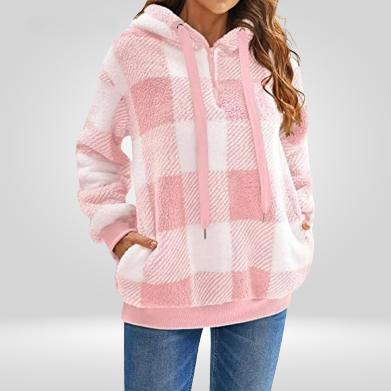 Hoodie voor dames – Halve ritssluiting – Ruitjespatroon – Comfortabele pasvorm