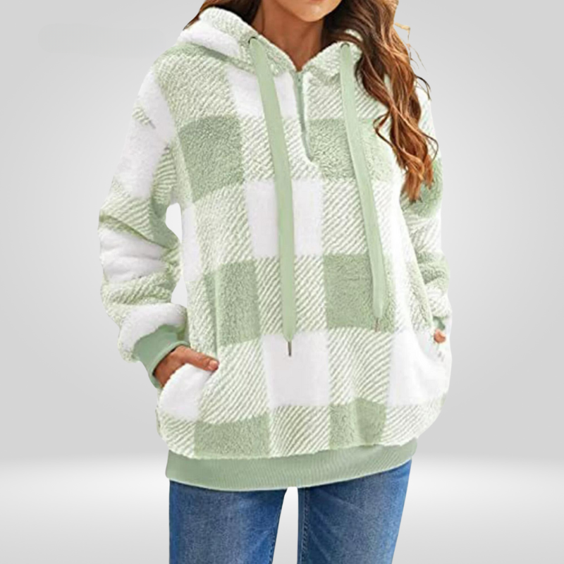Hoodie voor dames – Halve ritssluiting – Ruitjespatroon – Comfortabele pasvorm