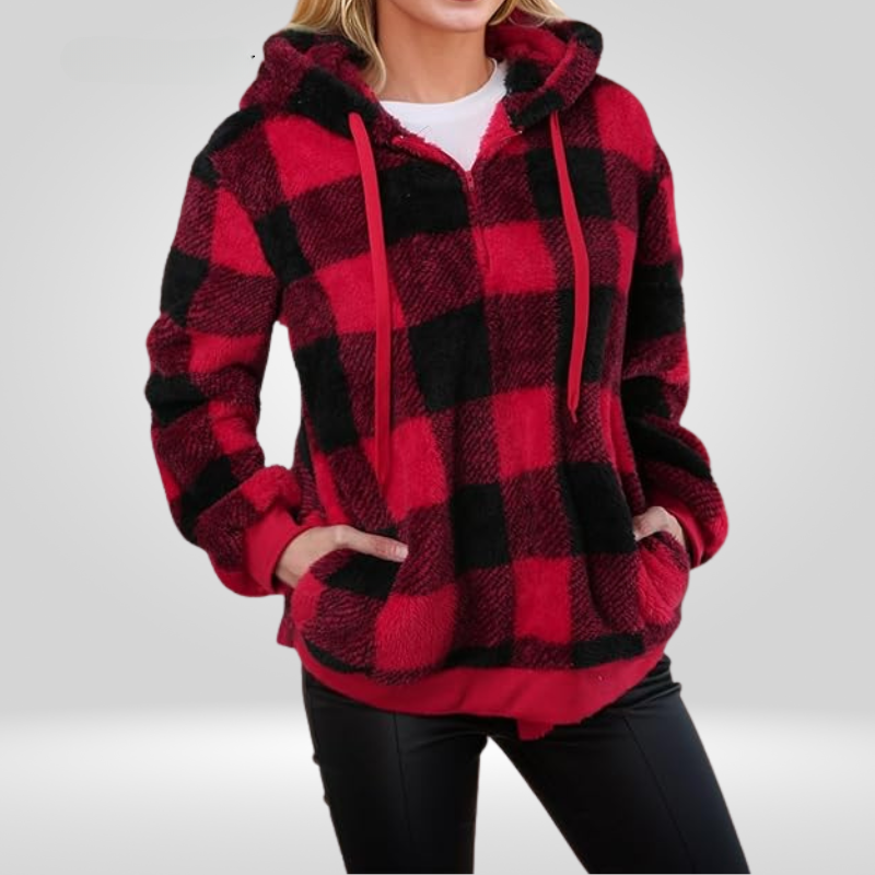 Hoodie voor dames – Halve ritssluiting – Ruitjespatroon – Comfortabele pasvorm