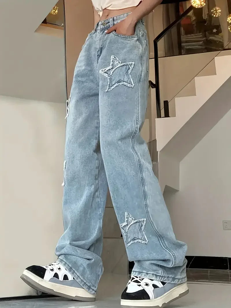 Damesjeans – Baggy fit – Hoge taille – Sterontwerp
