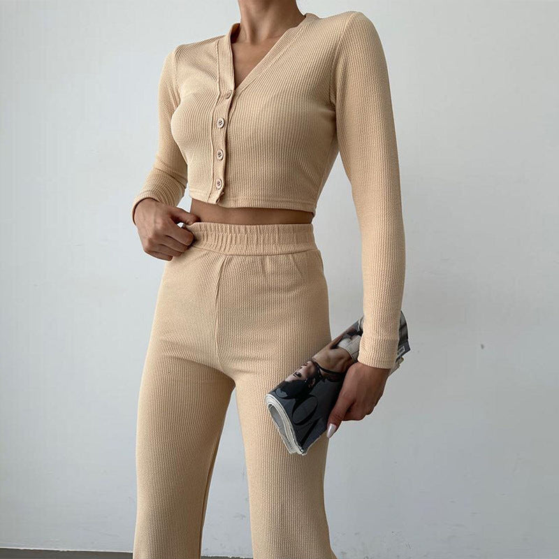 Dames loungewear tweedelig – Top met lange mouwen – Broek met wijde pijpen – Comfortabel en chic