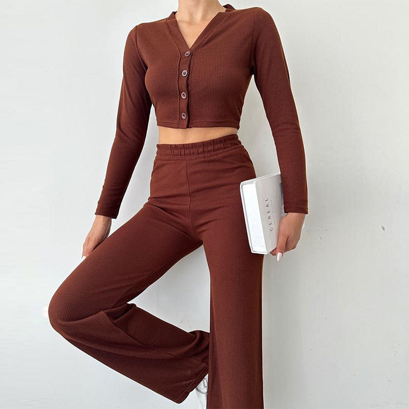 Dames loungewear tweedelig – Top met lange mouwen – Broek met wijde pijpen – Comfortabel en chic