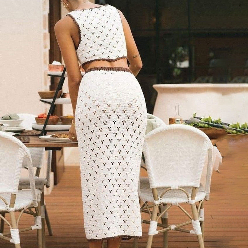 Dames Set - Gebreide Crop Top - Midi-Rok - Kantopenwerk-2