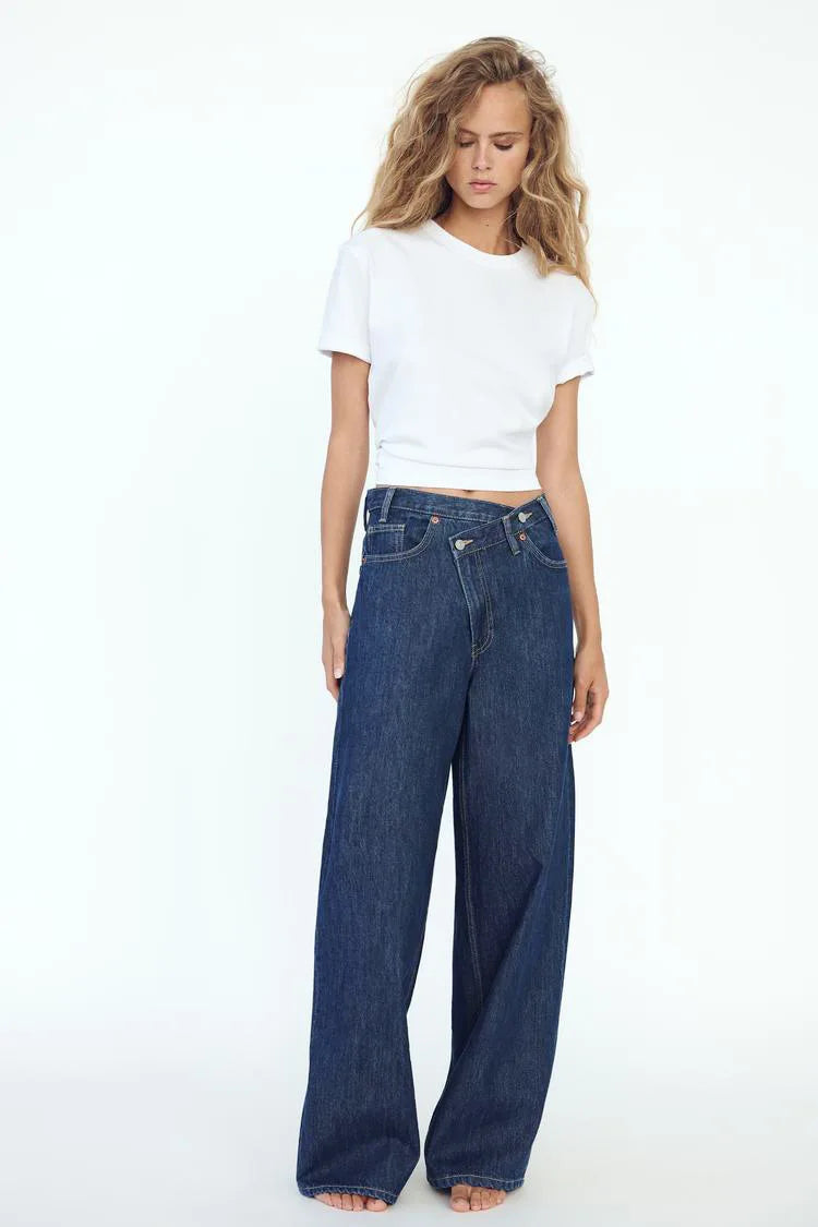 Damesjeans met wijde pijpen – Lange lengte – Slijtvaste denim – Ontwerp met vijf zakken