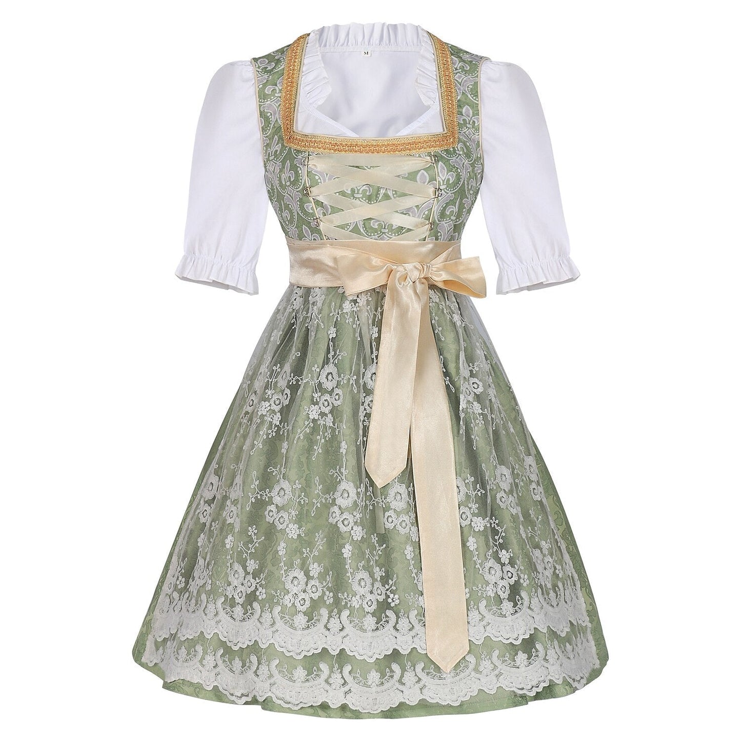 Dirndljurk in champagnegoud – Oktoberfest | Elegante traditionele jurk met schort en blouse