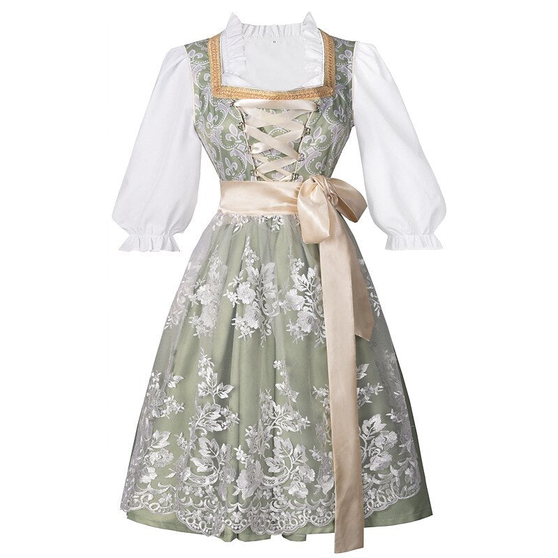 Dirndljurk in champagnegoud – Oktoberfest | Elegante traditionele jurk met schort en blouse