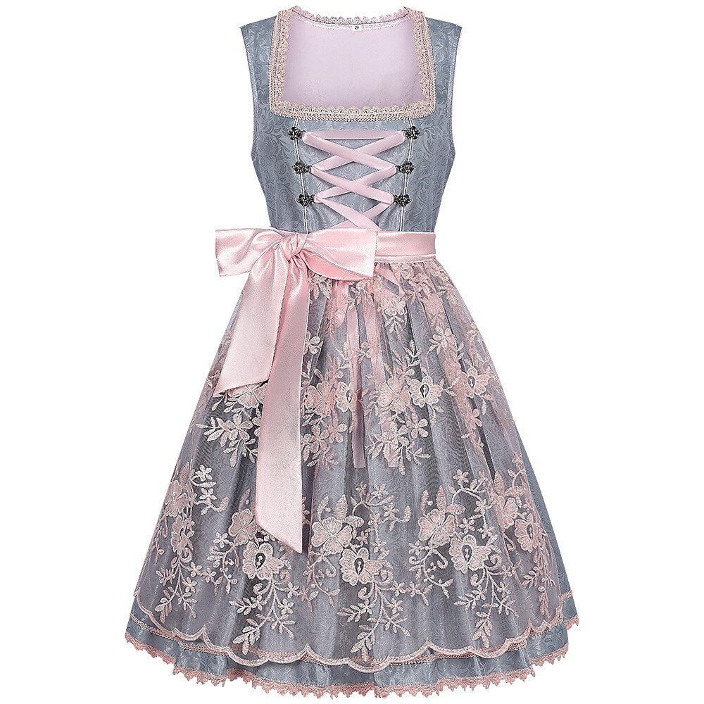 Dirndljurk in grijs – Oktoberfest | Met roze kanten schort voor een elegante traditionele stijl