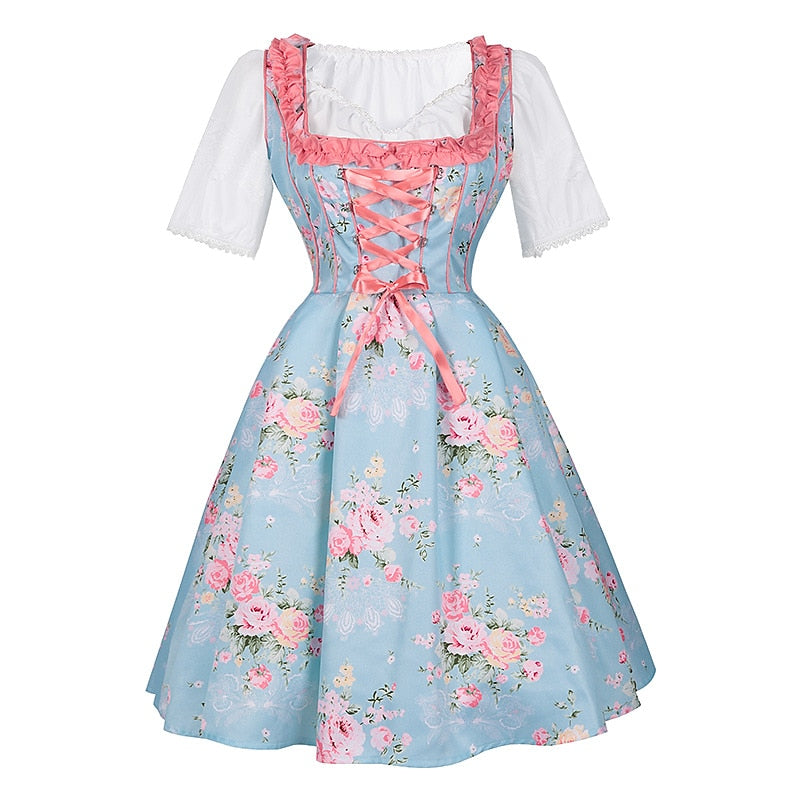 Dirndljurk met roze bloemenpatroon – Oktoberfest | Met schort en blouse voor een romantische, traditionele look