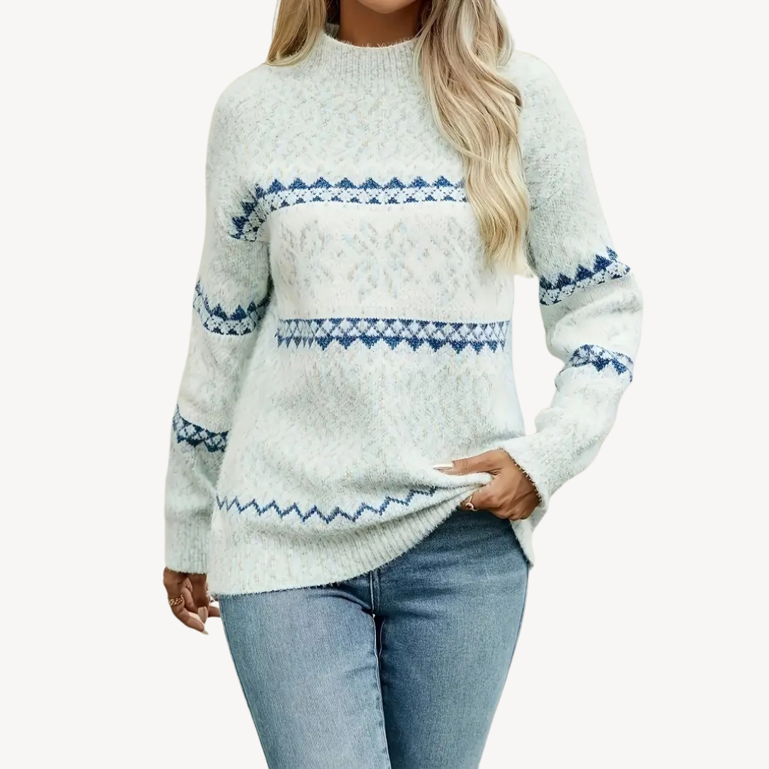 Dames trui – Fair Isle-breisel – Hoge kraag – Zachte katoenmix