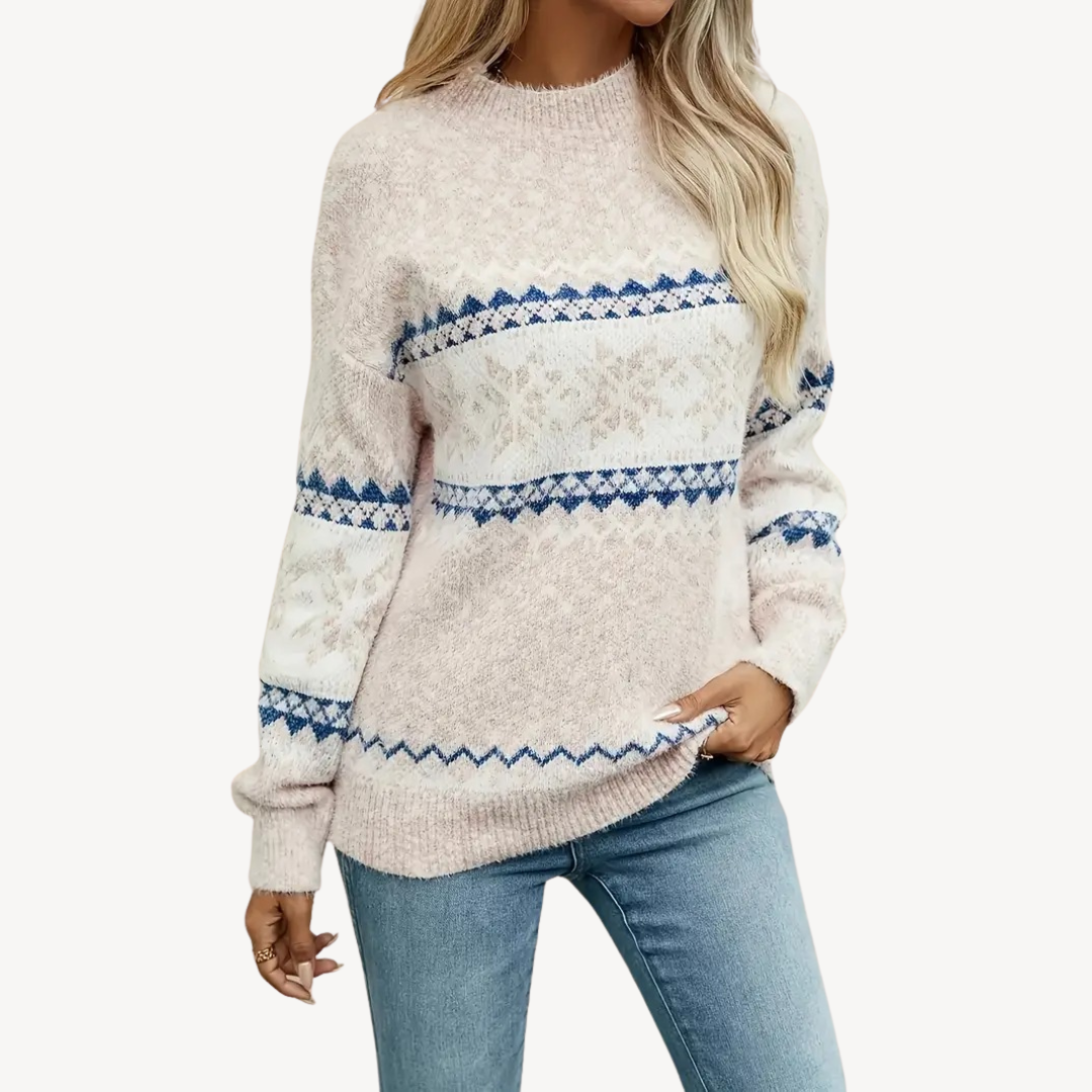 Dames trui – Fair Isle-breisel – Hoge kraag – Zachte katoenmix