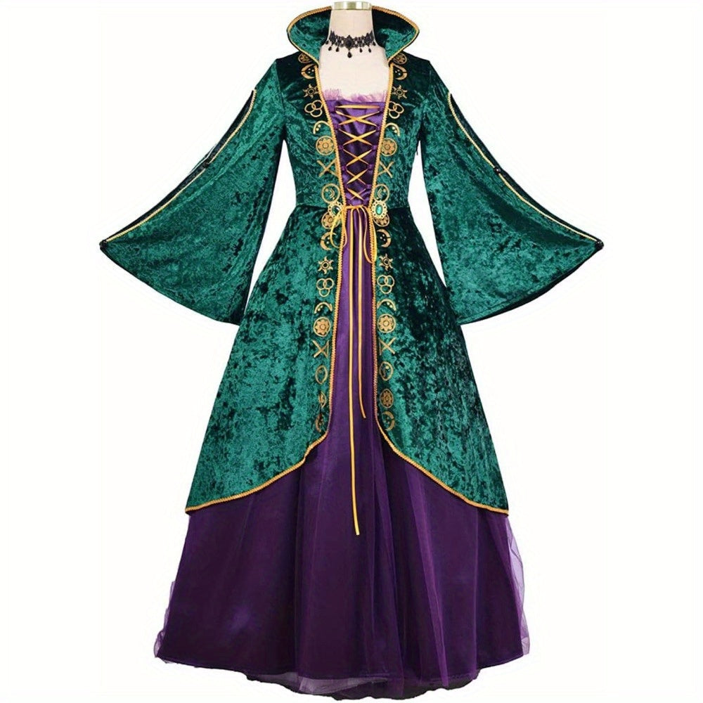 Fluwelen Halloween Hocus Pocus-kostuumjurk met lange mouwen | Maxi